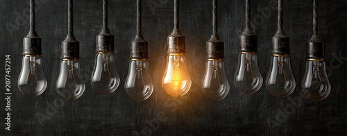 Row of vintage lightbulbs hanging against a dark background, one glowing brightly
