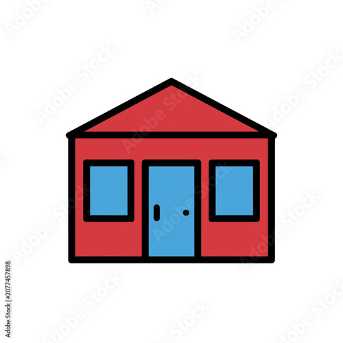 Flat illustration of a red house with blue door and windows