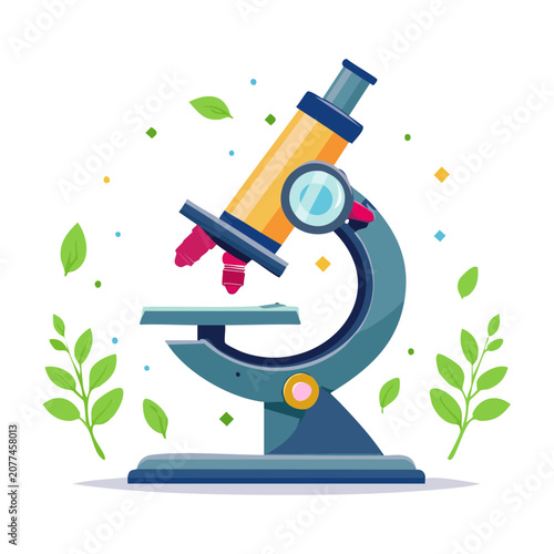 Flat vector illustration of a colorful microscope with leaves