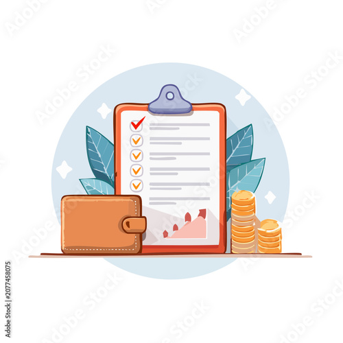 Flat vector illustration of clipboard with checklist and coins