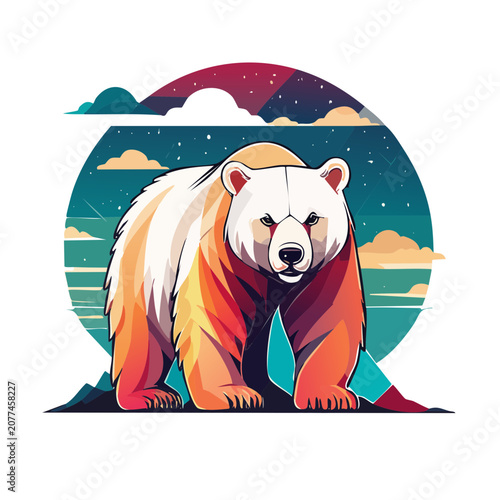 Low Poly Polar Bear Illustration with Sunset Background