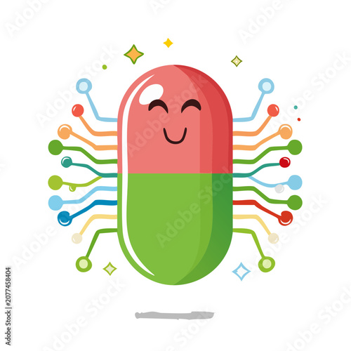 Smiling pill with circuit board connections vector illustration