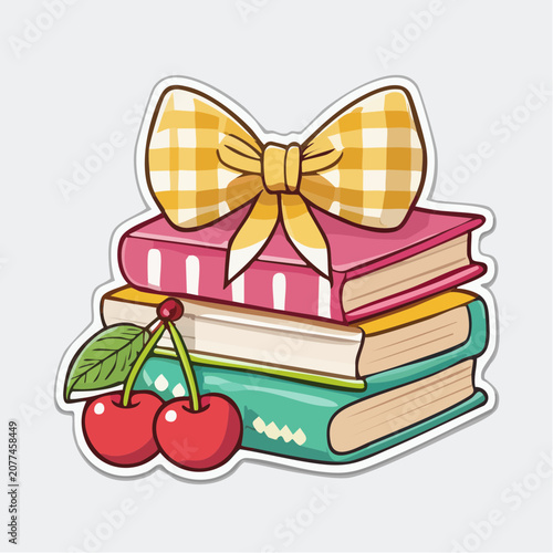 Stack of Books with Cherries and Bow