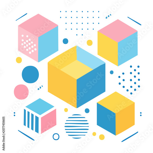 Abstract geometric shapes with cubes and circles in pastel colors