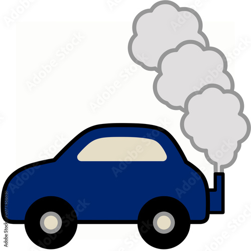 Blue car with exhaust smoke flat vector illustration