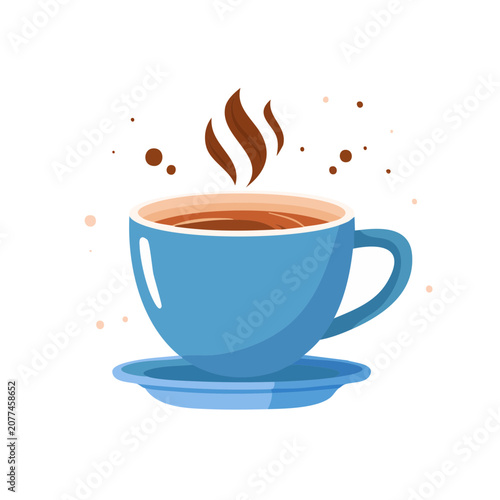 Blue coffee cup with steam on saucer, flat vector illustration