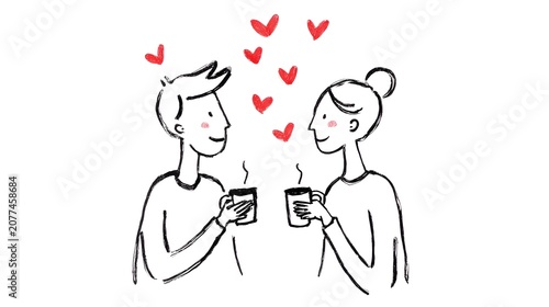 Minimalist Hand-Drawn Illustration of a Couple Drinking Coffee with Red Hearts. Romantic Date and Love Concept.