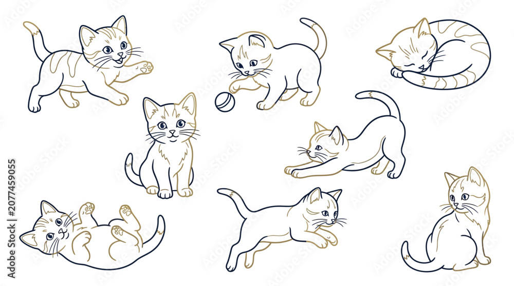 Fototapeta premium Collection of cute cartoon kittens in various playful poses, isolated on a white background.
