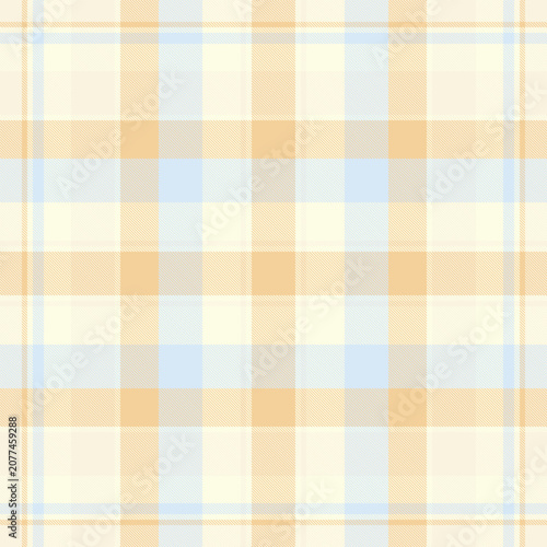 Contemporary tartan plaid design with a classic woven appearance and light yellow and beige tones. The seamless pattern recreates the look of woven fabric for decorative surface backgrounds.