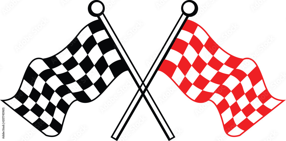 Obraz premium Crossed black and red checkered flags vector illustration graphic element for custom racing teams, sports clubs, and automotive speed competition