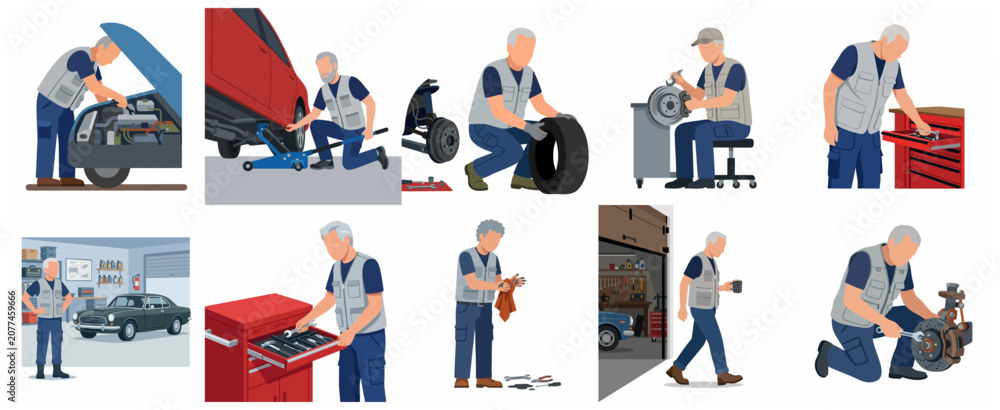 Fototapeta premium Set of professional senior car mechanic illustrations working in auto repair shop garage