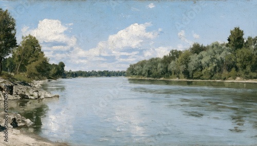Expansive river flowing through lush green banks under a bright, cloudy sky