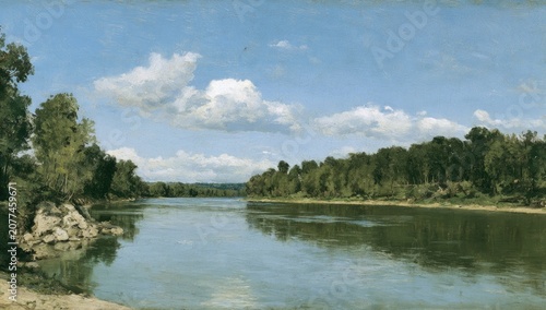 Serene river flows through lush, sun-drenched trees under a bright sky