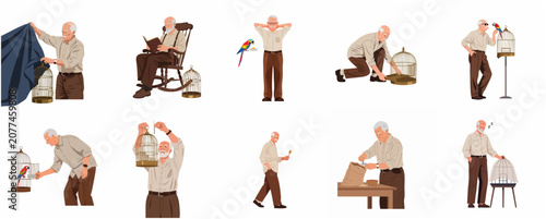 Bild auf Leinwand Senior Man with Parrot and Birdcage Illustration Set - Retirement Hobby and Pet