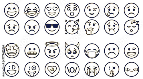Cuadro en lienzo A collection of diverse emoji icons in a simple line art style, representing various emotions and expressions