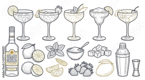Obraz na płótnie Collection of hand-drawn cocktails, ingredients, and bar tools, perfect for a vintage-style beverage advertisement or menu design