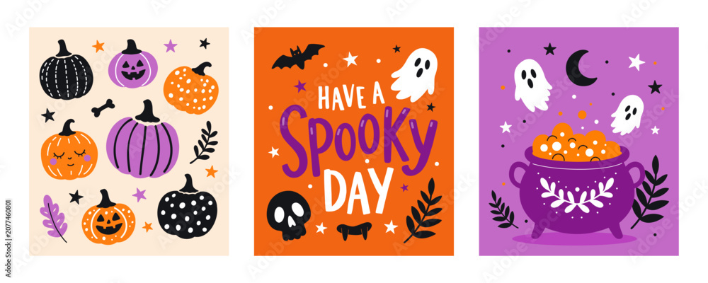 Fototapeta premium Halloween pumpkin ghost bat skull cauldron potion typography poster collection. Have a spooky day text banner greeting card set. Autumn october holiday celebration party graphics vector