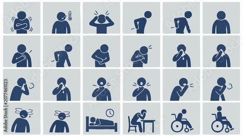 фотографія Human Illness Symptoms and Health Conditions Vector Icon Set