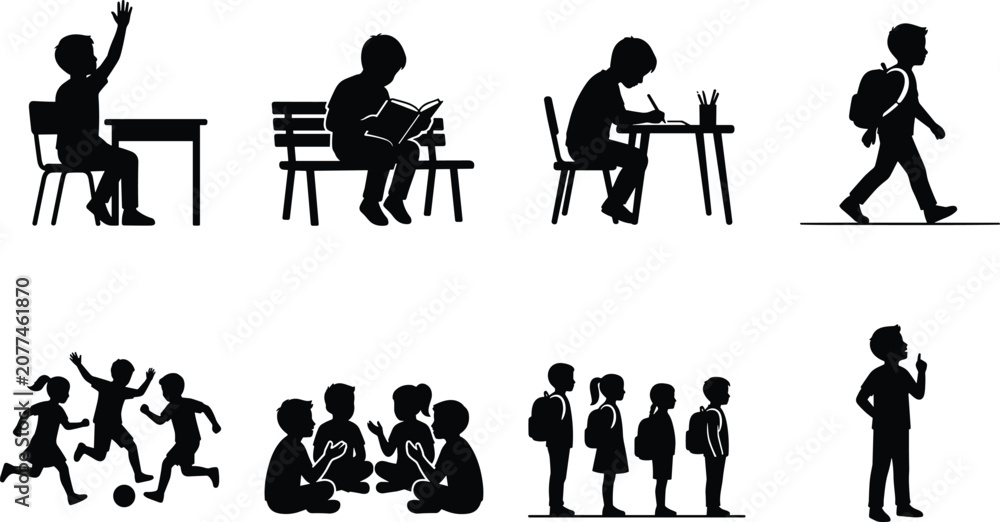 Obraz premium School Children Silhouette Vector Set Featuring Students Reading Studying Walking and Playing Soccer Isolated on White