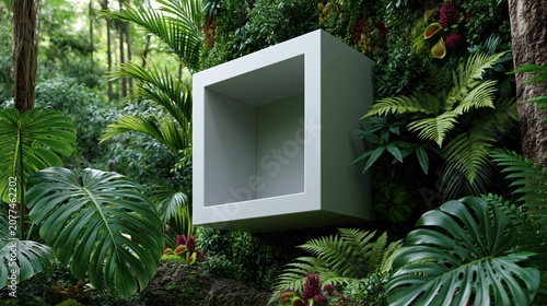 Minimal cubic display box mounted in tropical rainforest setting with large monstera leaves for modern product showcase and nature inspired design