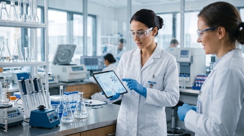 Scientist Using Digital Tablet and Microscope in Modern Research Laboratory, Biotechnology and Medical Innovation Scientific Laboratory, Healthcare Technology Concept