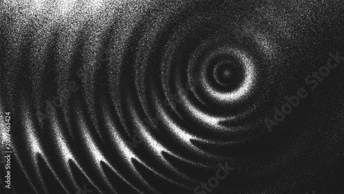 Grainy black and white background with concentric circular waves, glowing highlights and spiral ripples created from thousands of individual dots. Glares create an illusion of depth and optical motion