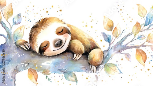 Watercolor Illustration Cute Baby Sloth Sleeping on Tree Branch Watercolor Illustration. Whimsical Nursery Art and Wildlife Concept. Sleeping sloth on a tree branch with a celestial pastel background.