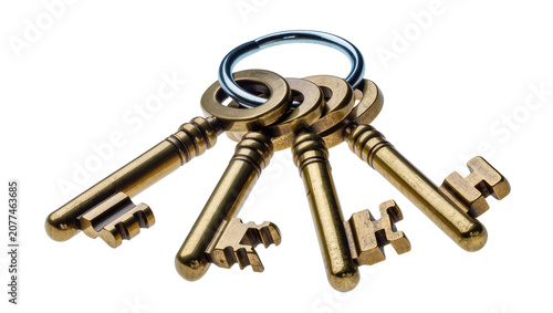 фотографія Bunch of antique brass skeleton keys on a metal ring