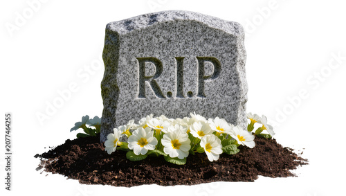Schilderij op canvas Granite tombstone with R I P inscription and white flowers