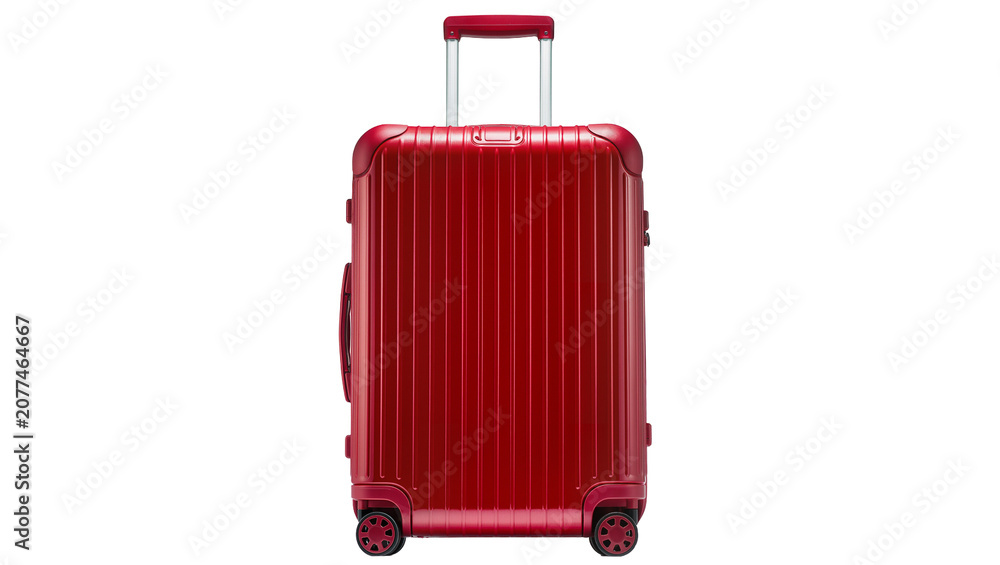 Fotografie Red metallic suitcase with telescopic handle and wheels