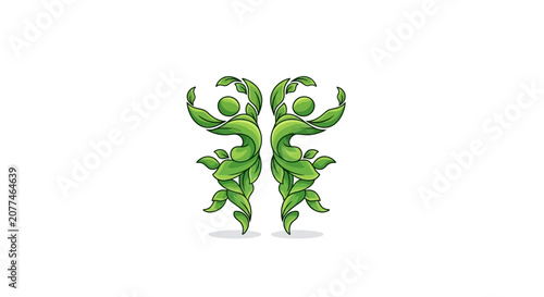 Abstract illustration of two human figures comprised of green leaves on white