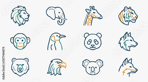 Photography Corporate Minimalist Line Art Illustrations of 12 Colorful Animals for Branding