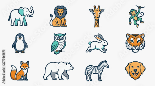 Canvas Print Creative Colorful Cartoon Animal Icons Set Featuring Playful and Whimsical Illus