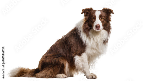 Fotografie Brown and white Border Collie dog sitting attentively