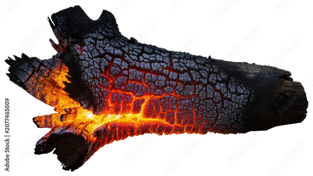 Fototapeta premium Burning log with glowing embers and cracked charcoal texture