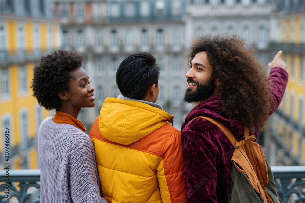 Fototapeta premium Three friends sightseeing on a balcony overlooking european city architecture pointing and smiling for travel background and urban lifestyle