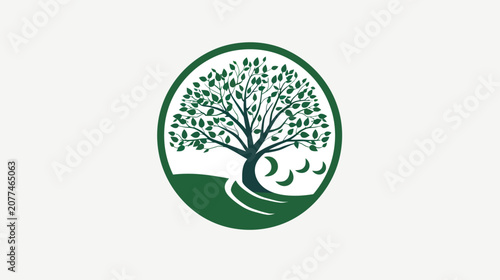 Green tree illustration within a circular frame on a white background