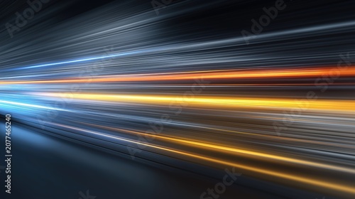 High speed light with blue and orange stripes in abstract, futuristic technological concept, showing motion blur against fast forward timeline background, creating a captivating visual effect that rep
