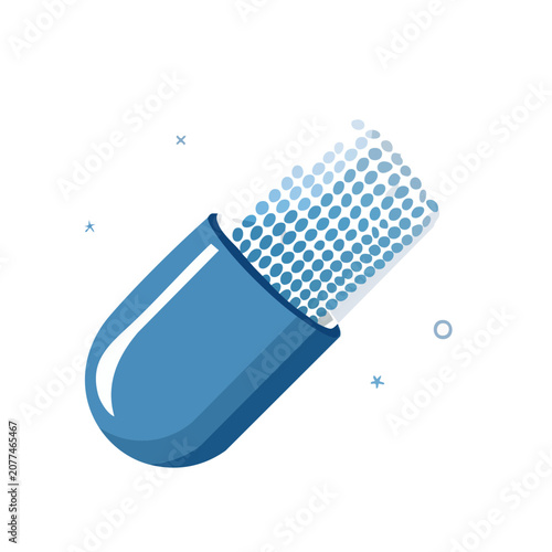 Blue capsule pill with medicine particles, flat vector illustration
