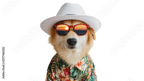 Dog wearing sunglasses and a Hawaiian shirt with a hat