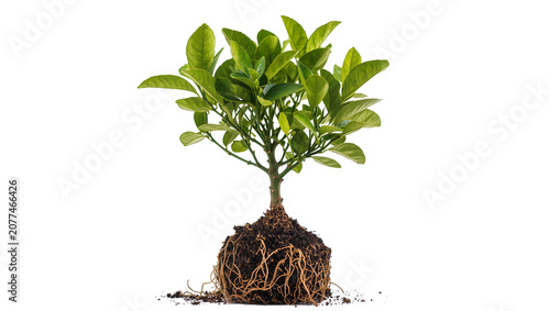 Young citrus tree with visible root ball and soil