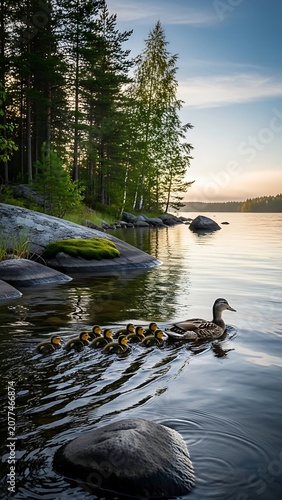 Serene river flowing through dense pine forest.