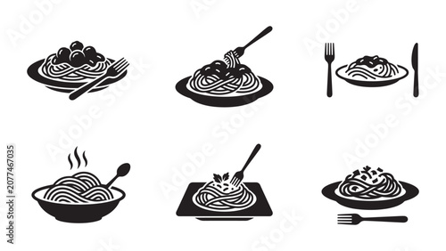 Set of monochrome spaghetti and pasta dish icons.