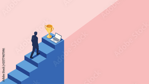 Cuadro en lienzo Isometric businessman climbing blue stairs to reach a gold trophy and laptop on