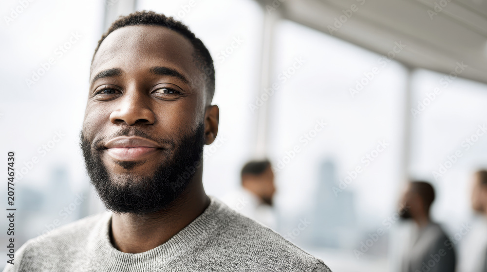 Fototapeta premium confident leader standing tall in modern office environment radiating positivity and success