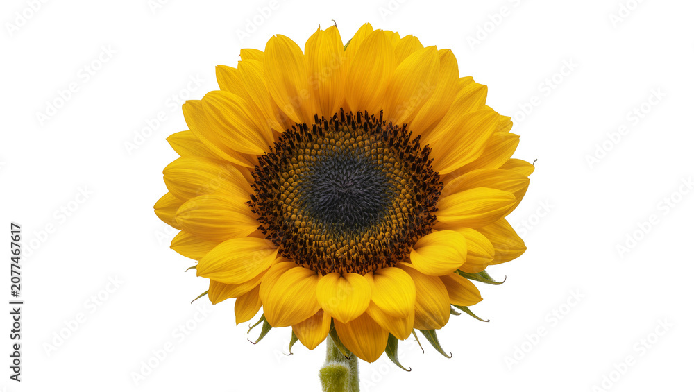 Fototapeta premium Bright yellow sunflower with dark center and green stem