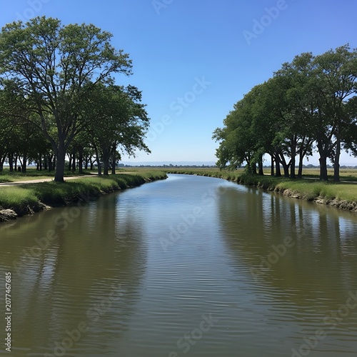 Serene river reflection of lush green trees under blue sky.