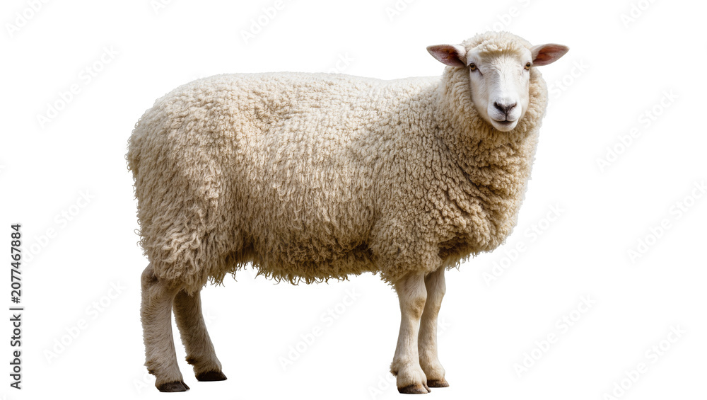 Fototapeta premium Fluffy sheep with thick wool standing on white
