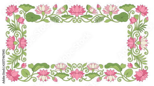 Elegant traditional South Asian lotus floral frame design with pink blossoms and green leaves, perfect for decorative borders or invitations.