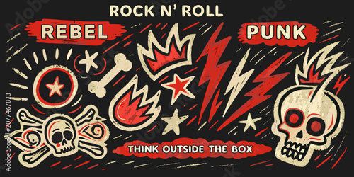 Tableau sur toile Rock and roll themed graphic design with skulls and stars vector illustration